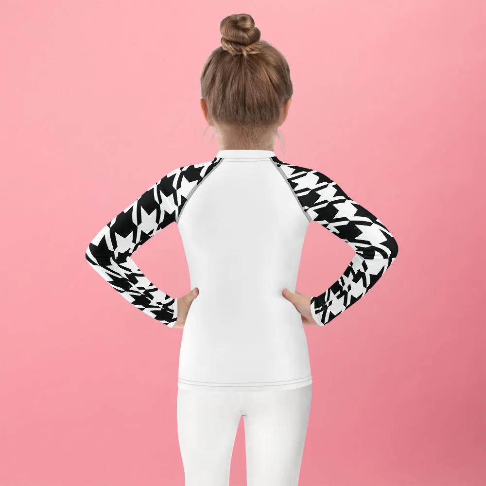 Stylish Protection: Girl's Houndstooth Long Sleeve BJJ Rash Guard