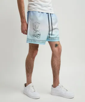 Styx Skulls Linen Texture Allover Print Shorts - Light Blue