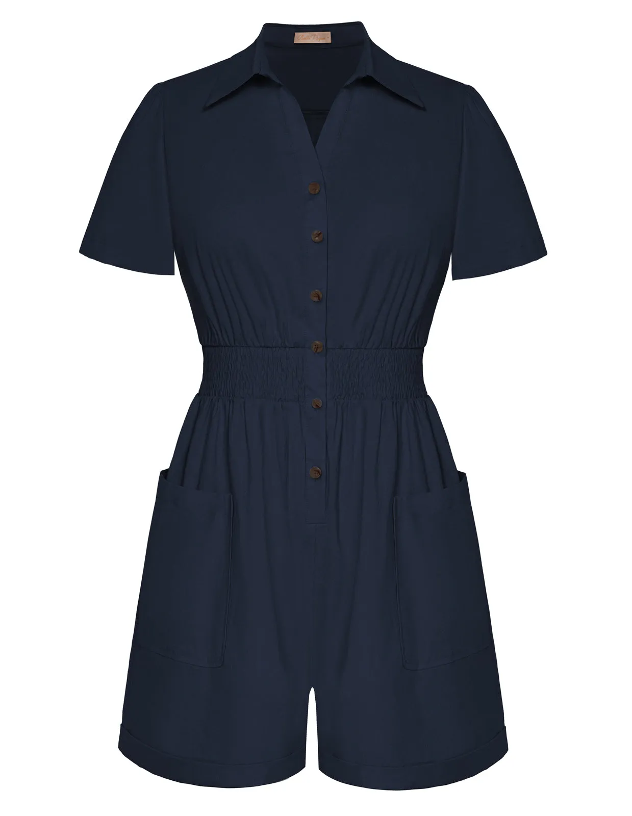 Summer Short Sleeve Rompers for Women Elastic Wasit Button Down Cotton Cargo Jumpsuits with Pockets