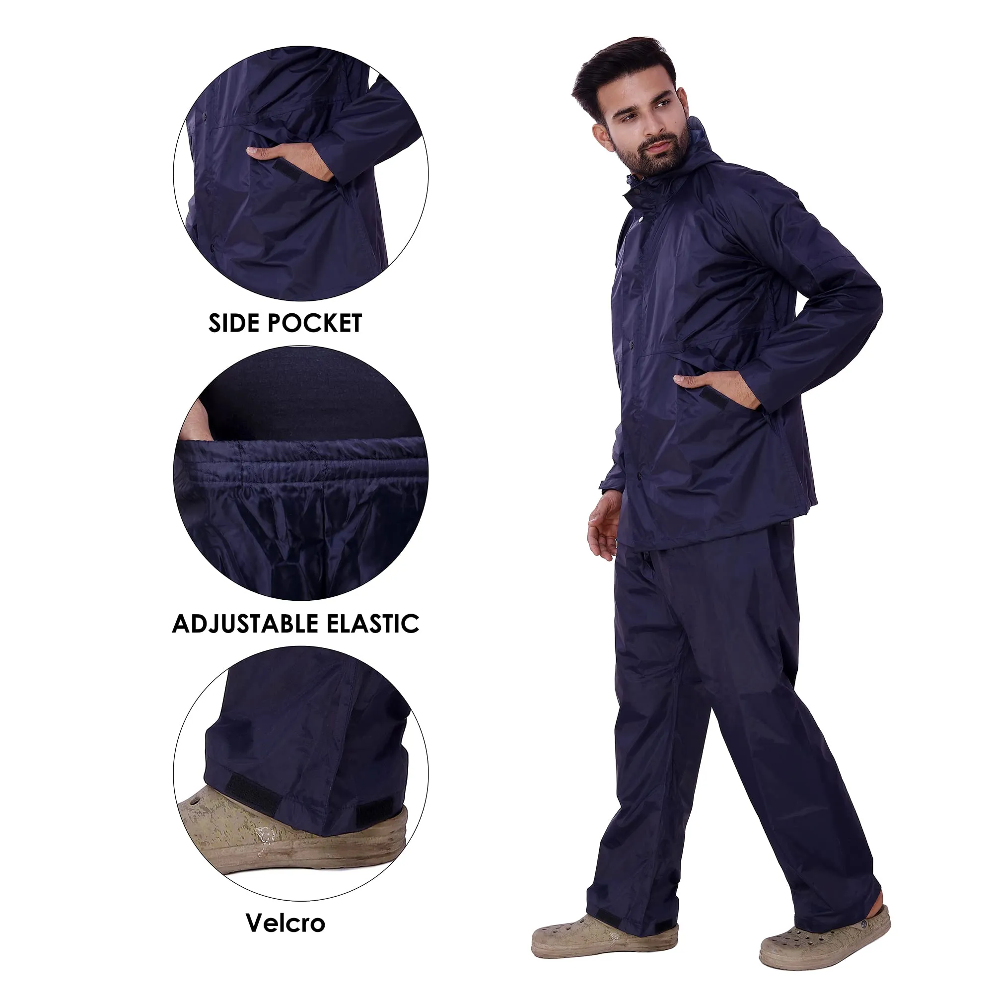 THE CLOWNFISH Bluford Rain Coat for Men Waterproof for Bike Raincoat for Men with Hood Nylon Material. Set of Top and Bottom. Bluford Series (Navy Blue, Large)