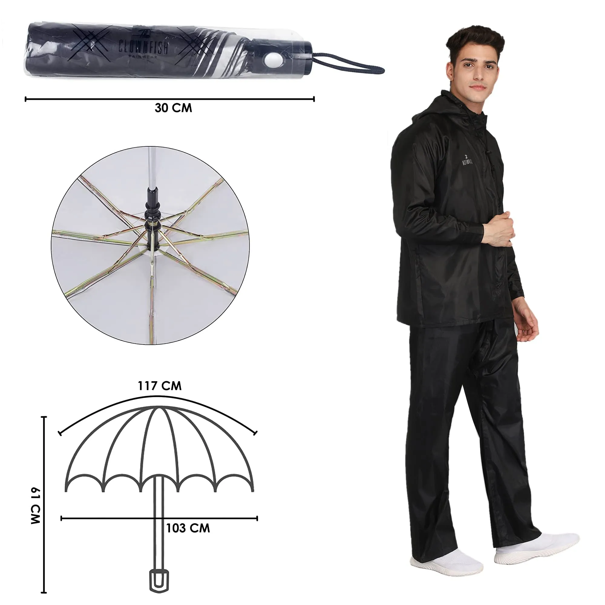 THE CLOWNFISH Combo Of Rain Coat for Men Waterproof Polyester (Black 2XL) Umbrella Savior Series 3 Fold Waterproof Polyester (Black)