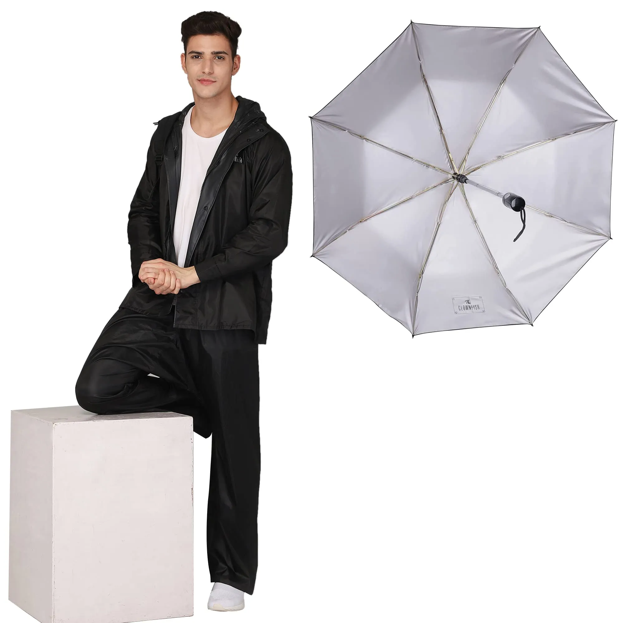 THE CLOWNFISH Combo Of Rain Coat for Men Waterproof Polyester (Black 2XL) Umbrella Savior Series 3 Fold Waterproof Polyester (Black)