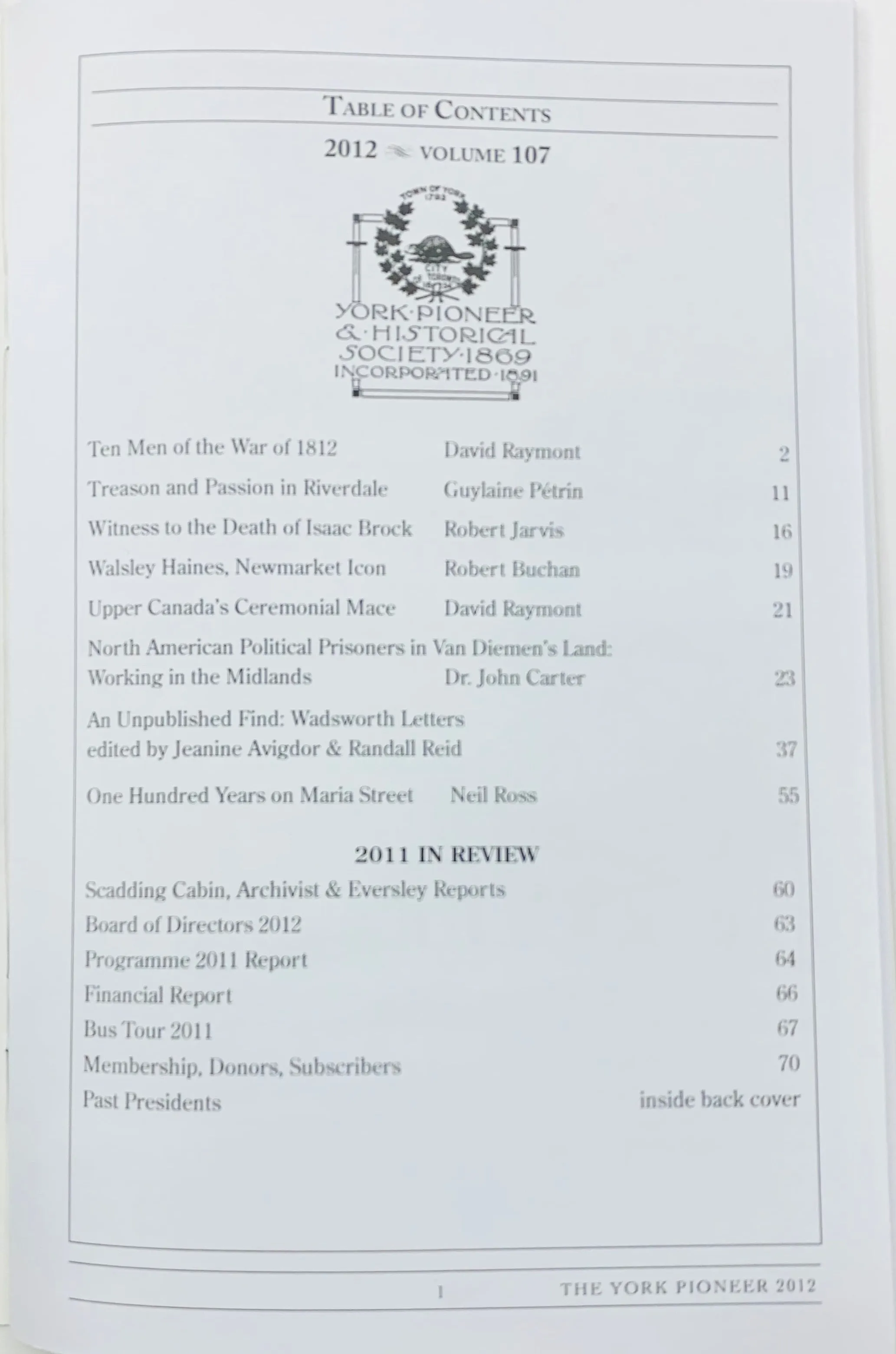 The York Pioneer, 2012 - Volume 107