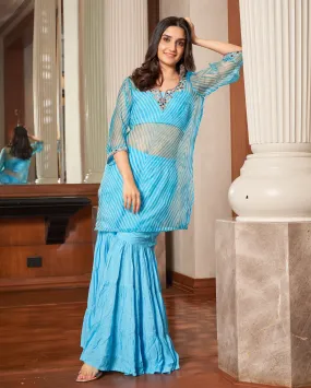 Tijori Light Blue Leheriya Organza Sharara Set