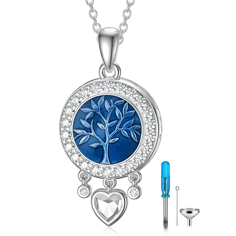 Tree of Life Urn Necklaces for Ashes for Women 925 Sterling Silver Dainty Blue Cremation Jewelry Memorial Keepsake Jewelry