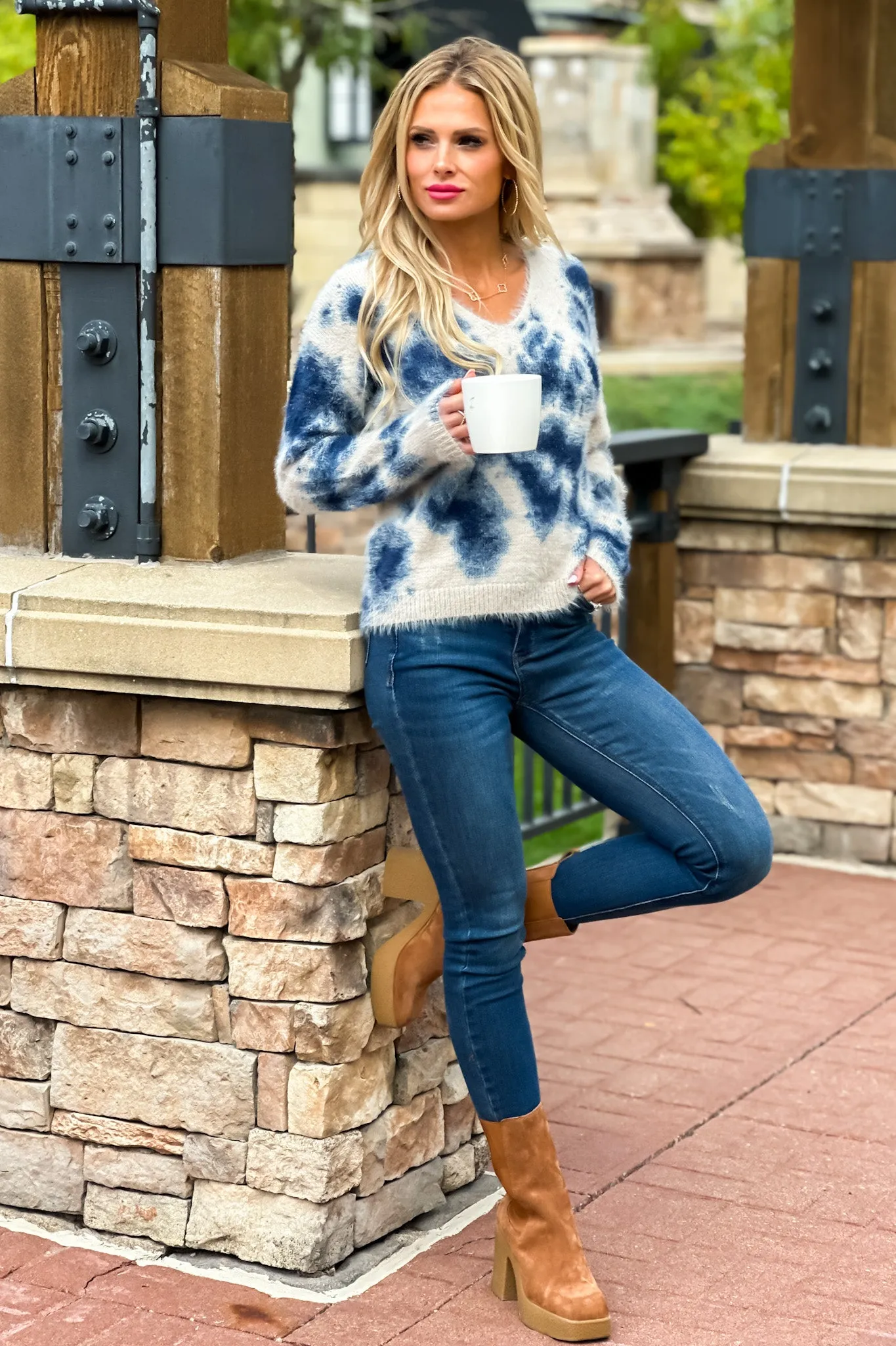 Tribal Zena Fluffy Knit V-Neck Sweater : Blue/Cream