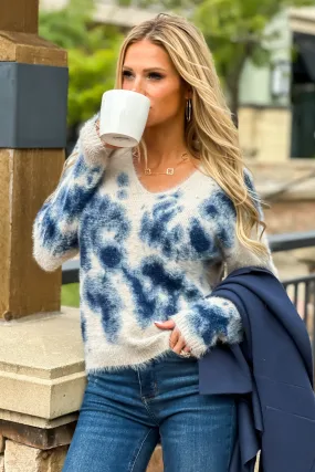 Tribal Zena Fluffy Knit V-Neck Sweater : Blue/Cream