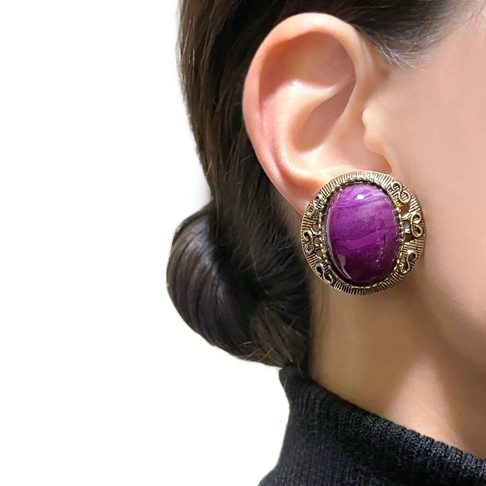 【USA輸入】ヴィンテージ パープル カボション イヤリング/Vintage Purple Cabochon Clip On Earrings