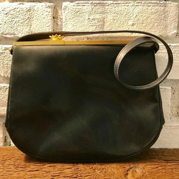 Vintage Black Leather Purse / Handbag by Koret. Gold Tone Hardware. 1950s Bag. Made in the USA.