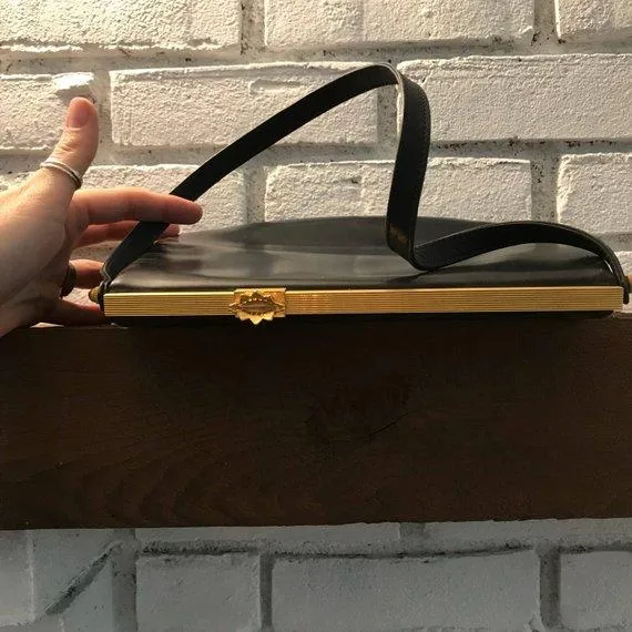 Vintage Black Leather Purse / Handbag by Koret. Gold Tone Hardware. 1950s Bag. Made in the USA.