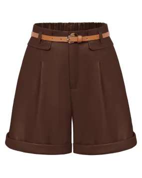 Vintage Polyurethane Leather Shorts with Belt Elastic Waist Shorts