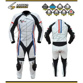 White motorcycle suit with red and blue stripes