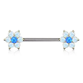 WildKlass Opalite Petals with Opal Center Flowers on Both Ends 316L Surgical Steel Barbell Nipple Rings