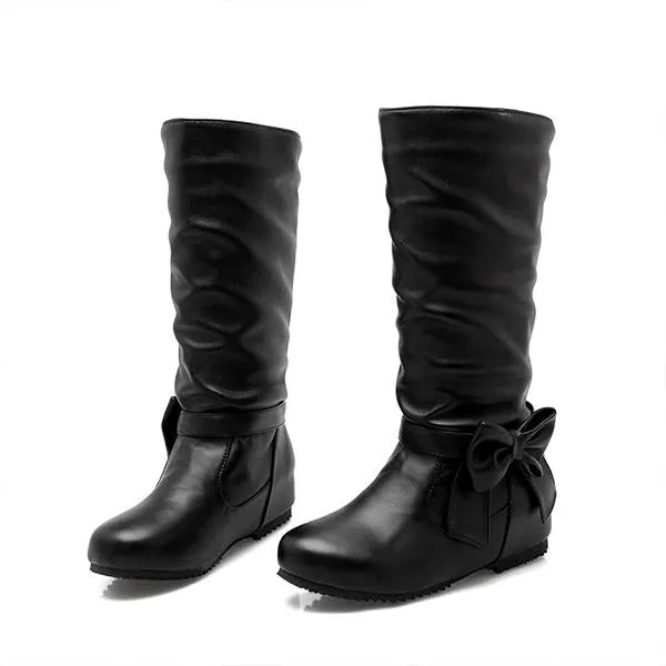 Women's Casual Bow-detailed Wedge Mid-calf Boots 83099628S