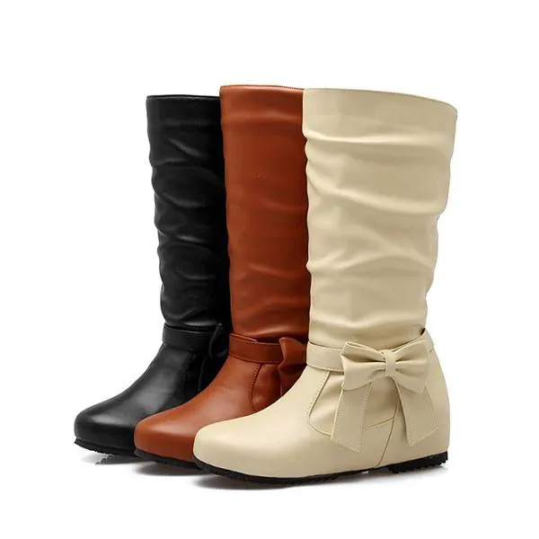 Women's Casual Bow-detailed Wedge Mid-calf Boots 83099628S