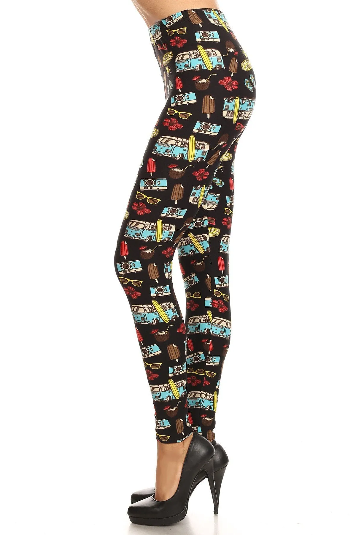 Women's Regular Beach Theme Mini Van Pattern Printed Leggings